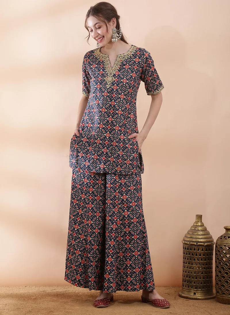 globus Globus Women Navy Blue Embroidered & Mirror Work Yoke Ethnic Print Kurti with Wide Leg Palazzos Festive Co-Ord Set