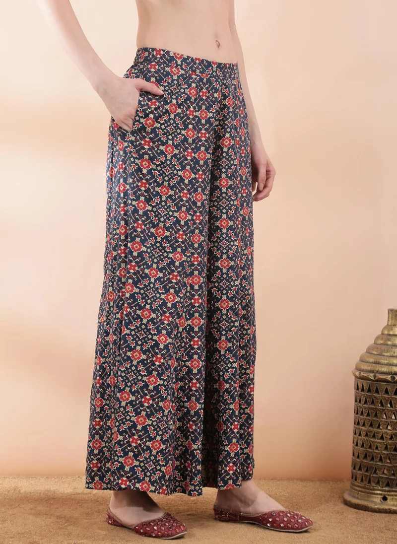 globus  Globus Women Navy Blue Embroidered & Mirror Work Yoke Ethnic Print Kurti with Wide Leg Palazzos Festive Co-Ord Set for Women | Best Price UAE