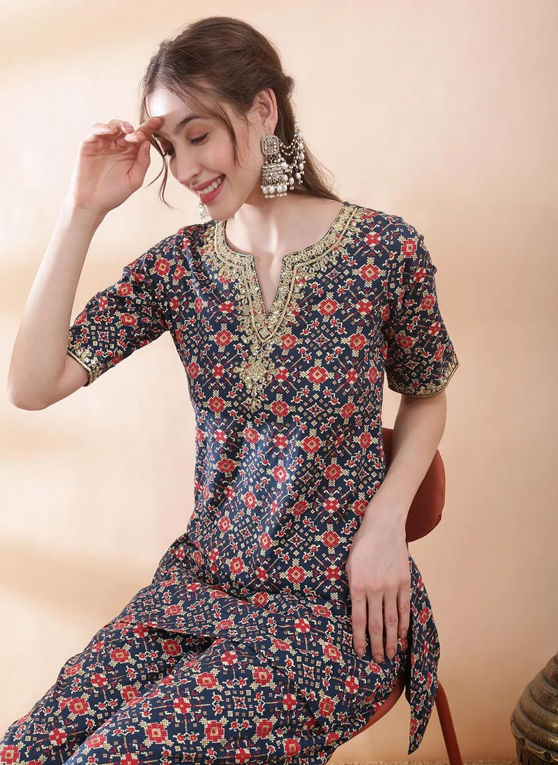 globus  Globus Women Navy Blue Embroidered & Mirror Work Yoke Ethnic Print Kurti with Wide Leg Palazzos Festive Co-Ord Set for Women | Best Price UAE