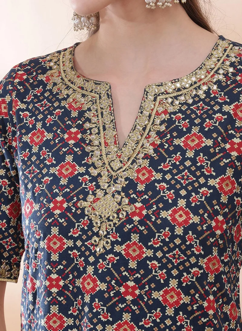 globus  Globus Women Navy Blue Embroidered & Mirror Work Yoke Ethnic Print Kurti with Wide Leg Palazzos Festive Co-Ord Set for Women | Best Price UAE