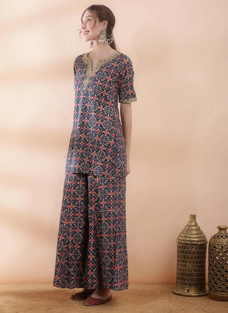 globus  Globus Women Navy Blue Embroidered & Mirror Work Yoke Ethnic Print Kurti with Wide Leg Palazzos Festive Co-Ord Set for Women | Best Price UAE
