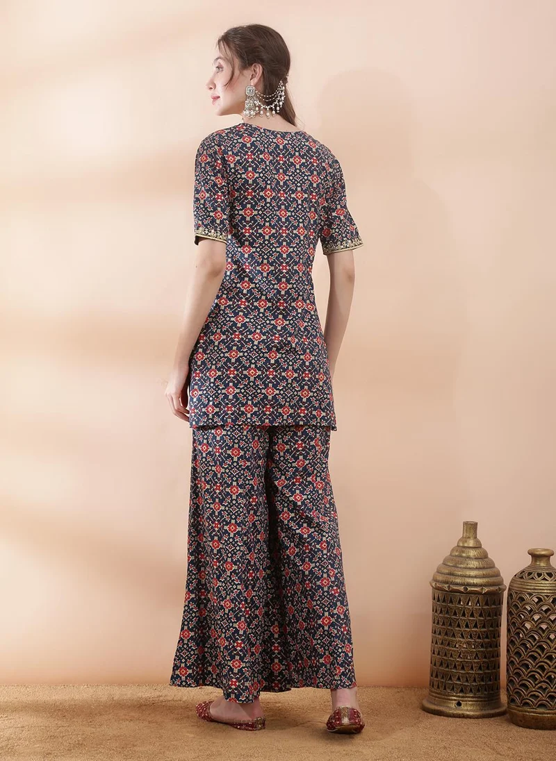 Globus  Globus Women Navy Blue Geometric Ethnic Print Embroidered Kurti With Wide Leg Palazzo Co Ord Set for Women | Best Price UAE