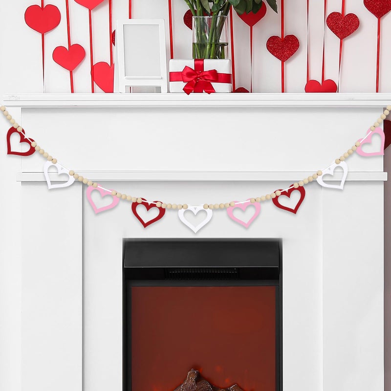 Hedeey 4.5 FT Valentines Day Heart Garland for Decorations, Wood Hollow Out Heart Garland with Beads NO DIY, Red Pink White Heart Valentineâ€™s Banner Garlands for Mantle, Fireplace, Party Home Decor ï¼ˆHollowï¼‰ - Image 1