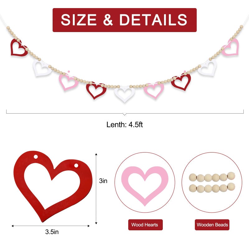 Hedeey 4.5 FT Valentines Day Heart Garland for Decorations, Wood Hollow Out Heart Garland with Beads NO DIY, Red Pink White Heart Valentineâ€™s Banner Garlands for Mantle, Fireplace, Party Home Decor ï¼ˆHollowï¼‰ - Image 3