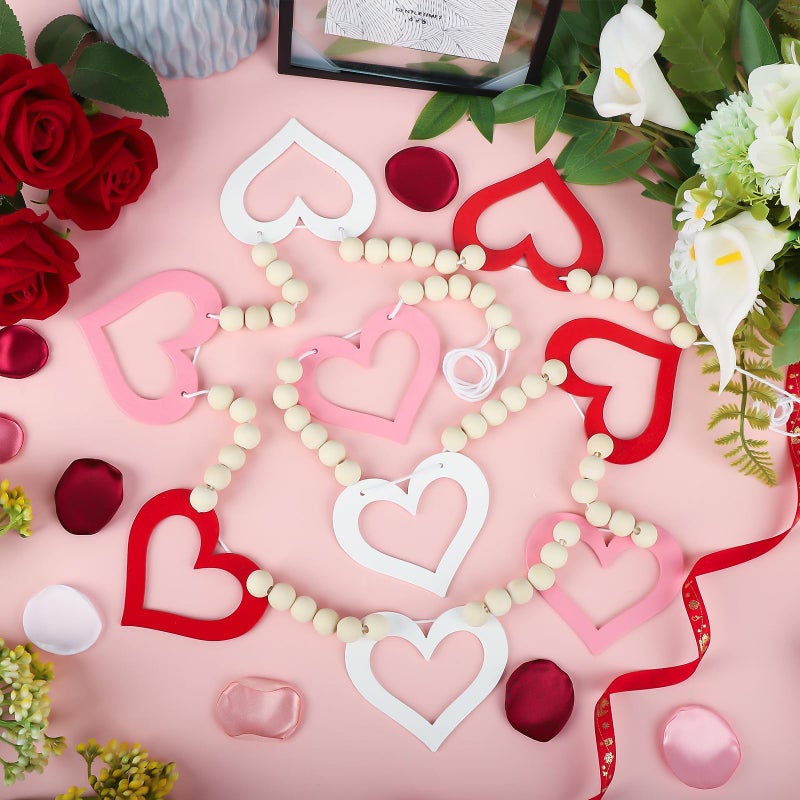 Hedeey 4.5 FT Valentines Day Heart Garland for Decorations, Wood Hollow Out Heart Garland with Beads NO DIY, Red Pink White Heart Valentineâ€™s Banner Garlands for Mantle, Fireplace, Party Home Decor ï¼ˆHollowï¼‰ - Image 4