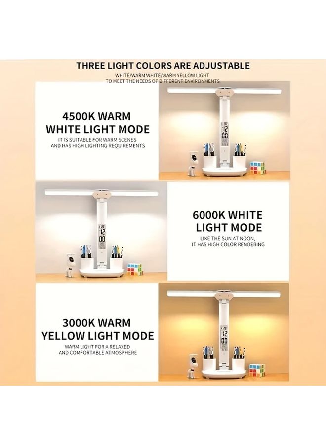 White Double Head LED Rechargeable Desk Lamp Eye Protection Study Bedside Reading Lamp With Pen Holder - Image 5