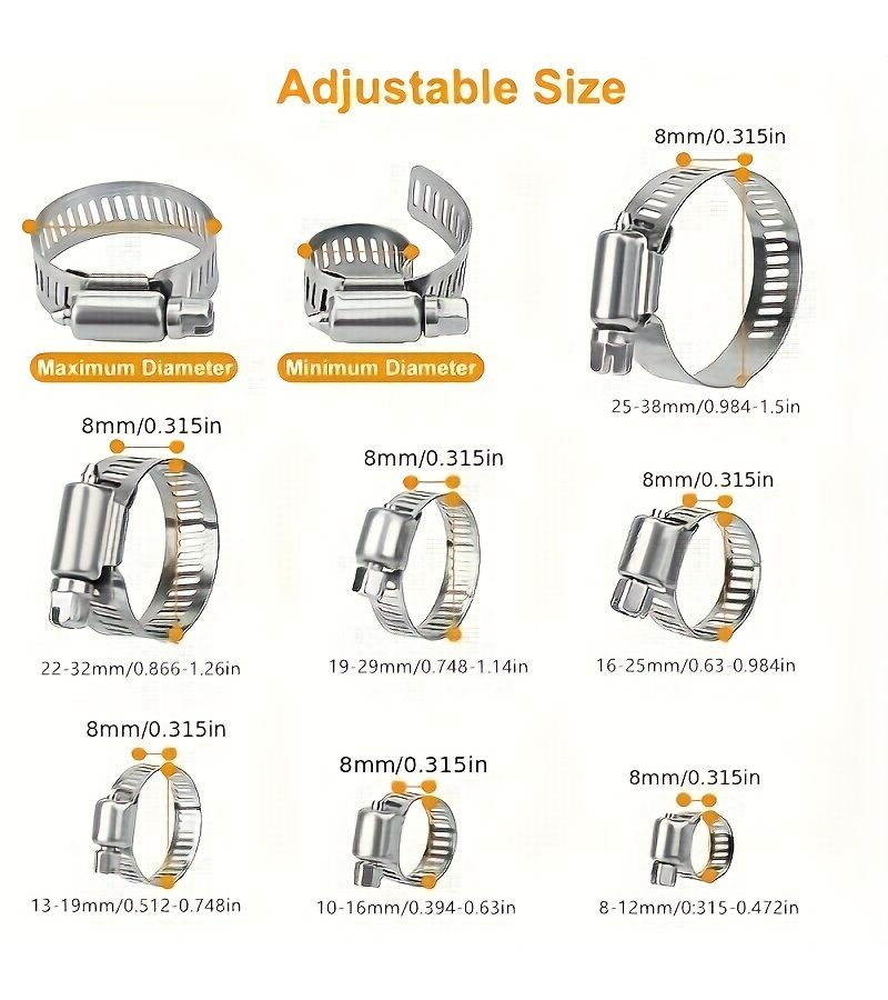12pcs Stainless Steel Hose Clamps 8-12mm Adjustable Durable For Household Automotive Industrial Use - Image 5