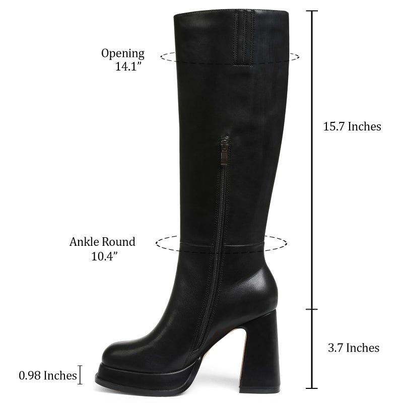 EQAUDES Black Knee High Chunky Heel Platform Boots Fall Boots for Women 2025 Leather Square Toe Side Zipper Size 8 - Image 5