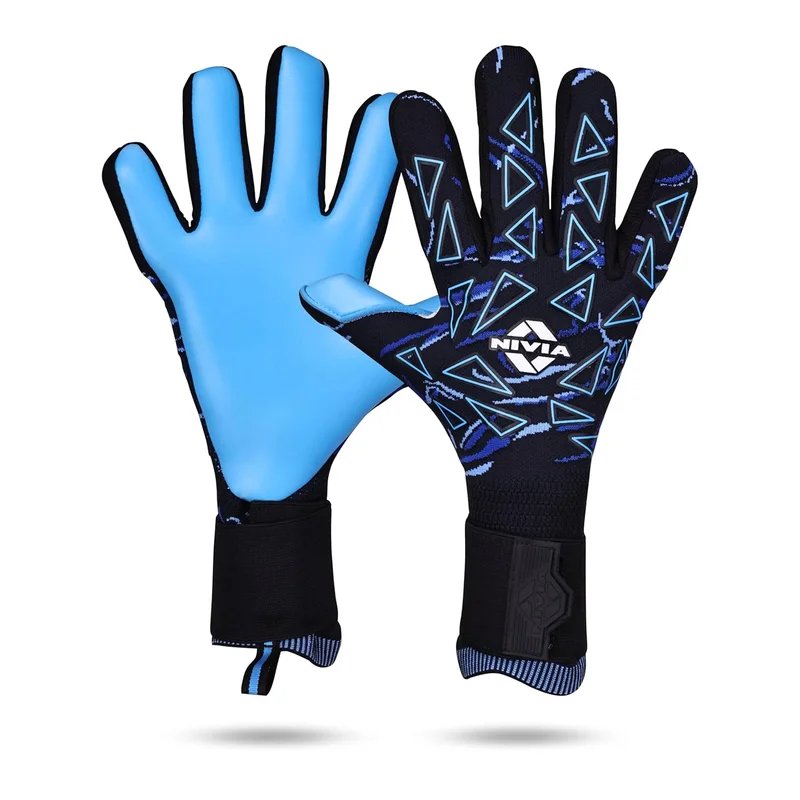 نيفيا Nivia Nitro Goalkeeper Gloves - Professional Football Gloves for Adults with 4mm Super Soft Latex Palm and Knitted Backhand (Black/Blue, XL)