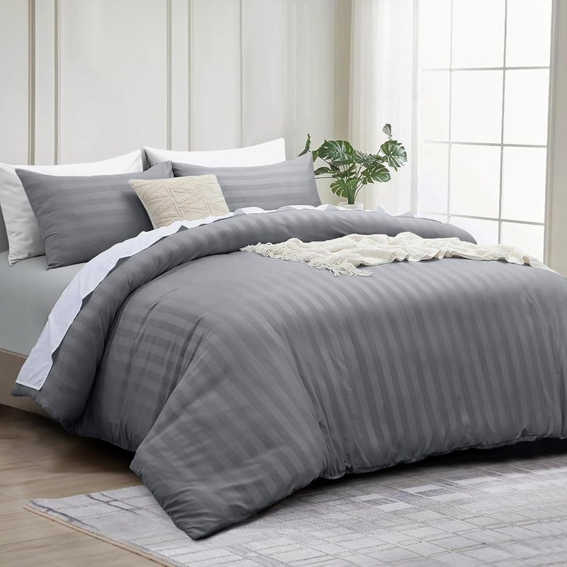 FOAM CRAFT Stripe 3-Piece Duvet Cover Set - Light Grey, Twin Size - Image 1