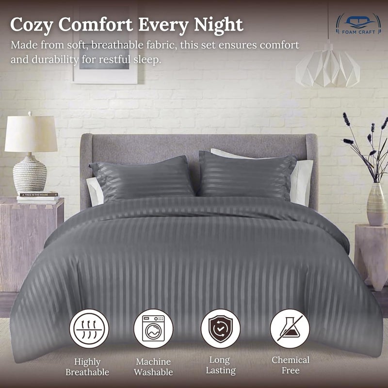 FOAM CRAFT Stripe 3-Piece Duvet Cover Set - Light Grey, Twin Size - Image 4