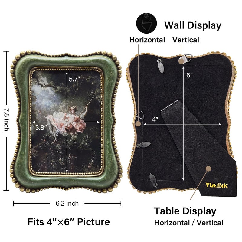 YULINK 4x6 Vintage Picture Frame, Antique Green Ornate Photo Frame, for Tabletop and Wall Display, Decorative Retro Home Decor, Old Fashioned Photo Gallery Art - Image 5