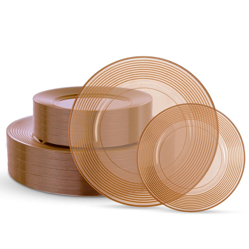 FLOWERCAT 100PCS Clear Brown Plastic Plates - Heavy Duty Plastic Plates Disposable for party &Wedding - Serve for 50Guests party (10inch & 7inch)(Mocha Mousse) - Image 1