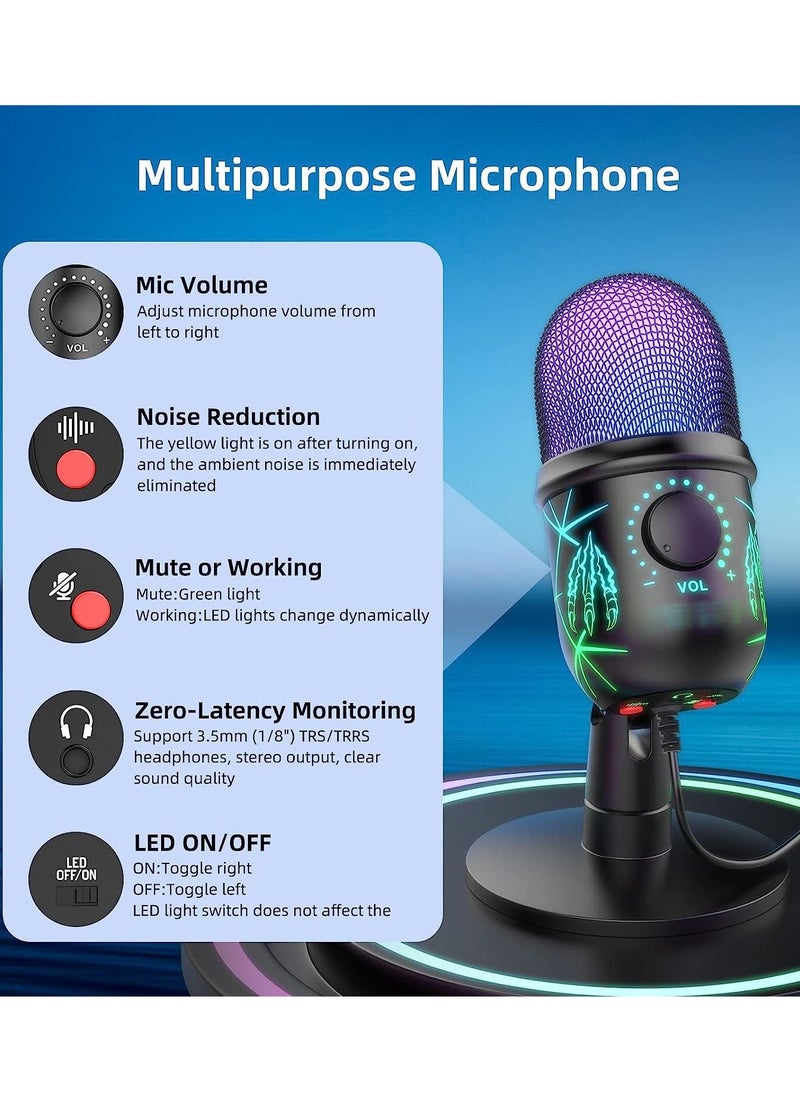 Gaming Microphone, USB Computer Microphone for PC, Mac, PS4/5, Condenser Podcast Mic for Studio Recording, YouTube, Streaming, with Headphone Jack, Led Light, Mute, Gain, Noise Cancellation
