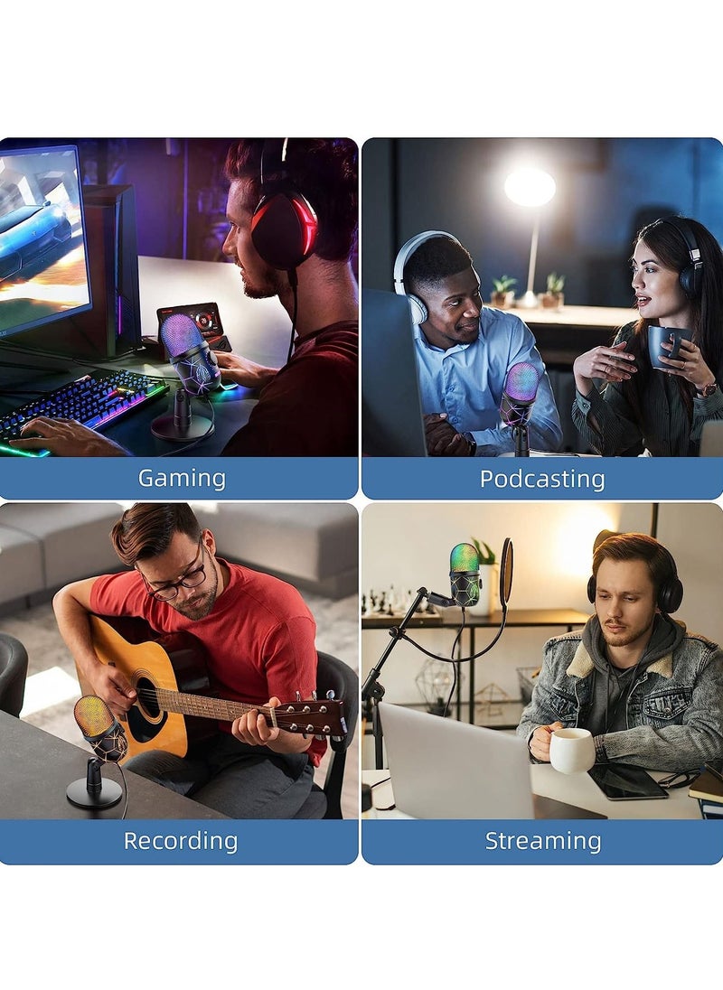 Gaming Microphone, USB Computer Microphone for PC, Mac, PS4/5, Condenser Podcast Mic for Studio Recording, YouTube, Streaming, with Headphone Jack, Led Light, Mute, Gain, Noise Cancellation