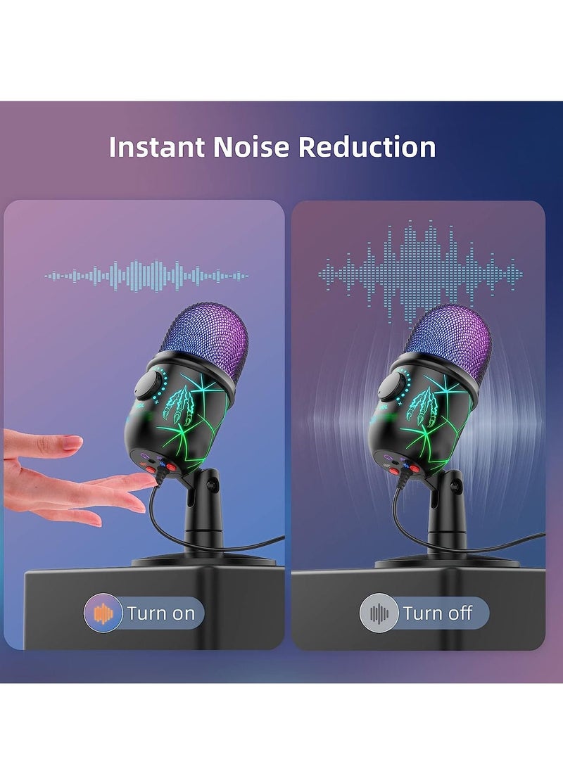 Gaming Microphone, USB Computer Microphone for PC, Mac, PS4/5, Condenser Podcast Mic for Studio Recording, YouTube, Streaming, with Headphone Jack, Led Light, Mute, Gain, Noise Cancellation