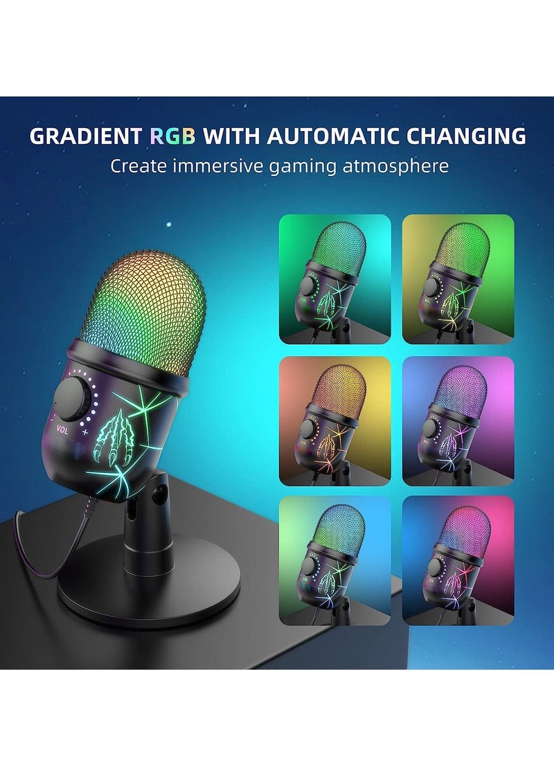 Gaming Microphone, USB Computer Microphone for PC, Mac, PS4/5, Condenser Podcast Mic for Studio Recording, YouTube, Streaming, with Headphone Jack, Led Light, Mute, Gain, Noise Cancellation