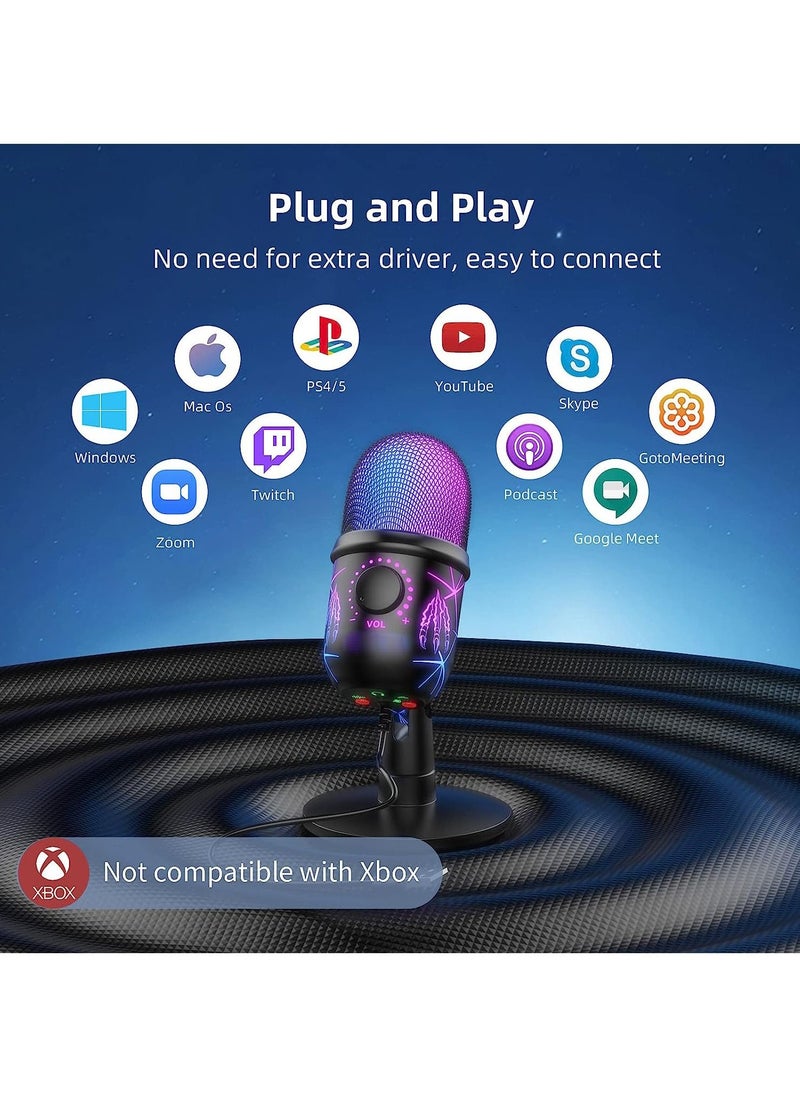 Gaming Microphone, USB Computer Microphone for PC, Mac, PS4/5, Condenser Podcast Mic for Studio Recording, YouTube, Streaming, with Headphone Jack, Led Light, Mute, Gain, Noise Cancellation