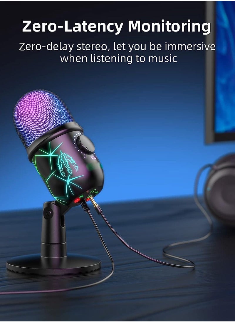 Gaming Microphone, USB Computer Microphone for PC, Mac, PS4/5, Condenser Podcast Mic for Studio Recording, YouTube, Streaming, with Headphone Jack, Led Light, Mute, Gain, Noise Cancellation