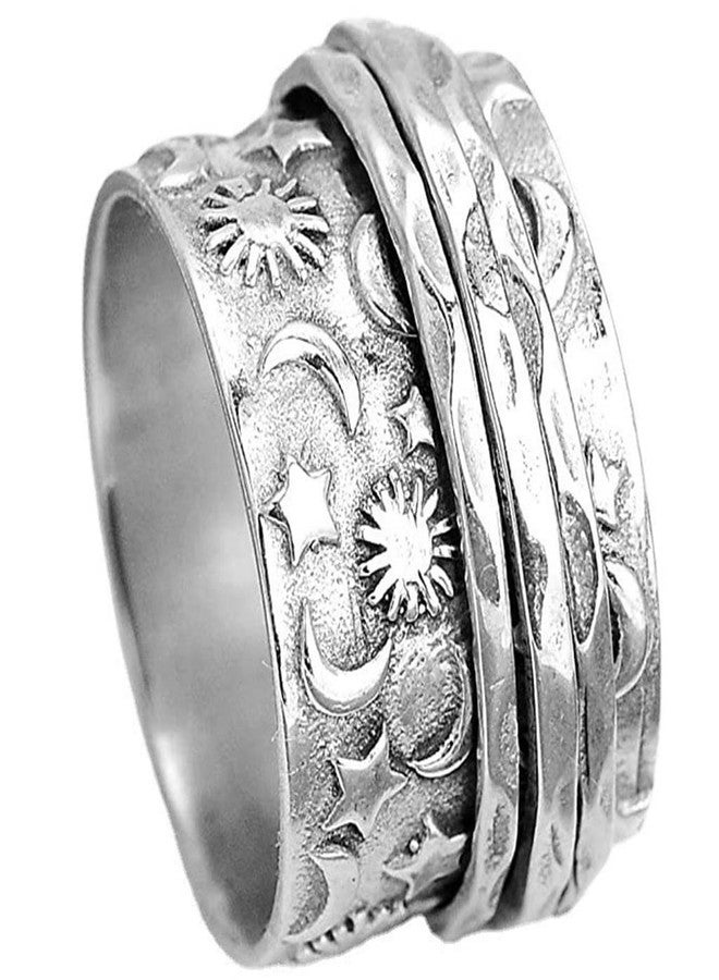 Jude Jewelers Stainless Steel Hammered Sun Moon Star Rotating Spinner Statement Band Ring (Silver, 9) - Image 1