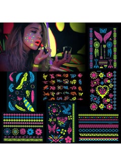 HOWAF 7 Large Sheets Neon Temporary Tattoos, 100+ Shimmer Designs Glow UV Neon Body Face Skin Tattoo Jewellery Tattoos Flash Fake Waterproof Tattoo Stickers for Women Girls Body Art  - Image 1