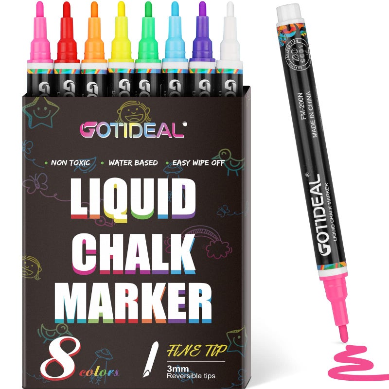 GOTIDEAL Liquid Chalk Markers, Fine Tip 8 Colors Washable Window Chalkboard Glass Pens, Paint and Drawing for Car, Blackboard, & Bistro,Kids and Adults, Non-Toxic,Wet Erase - Reversible Tip - Image 1