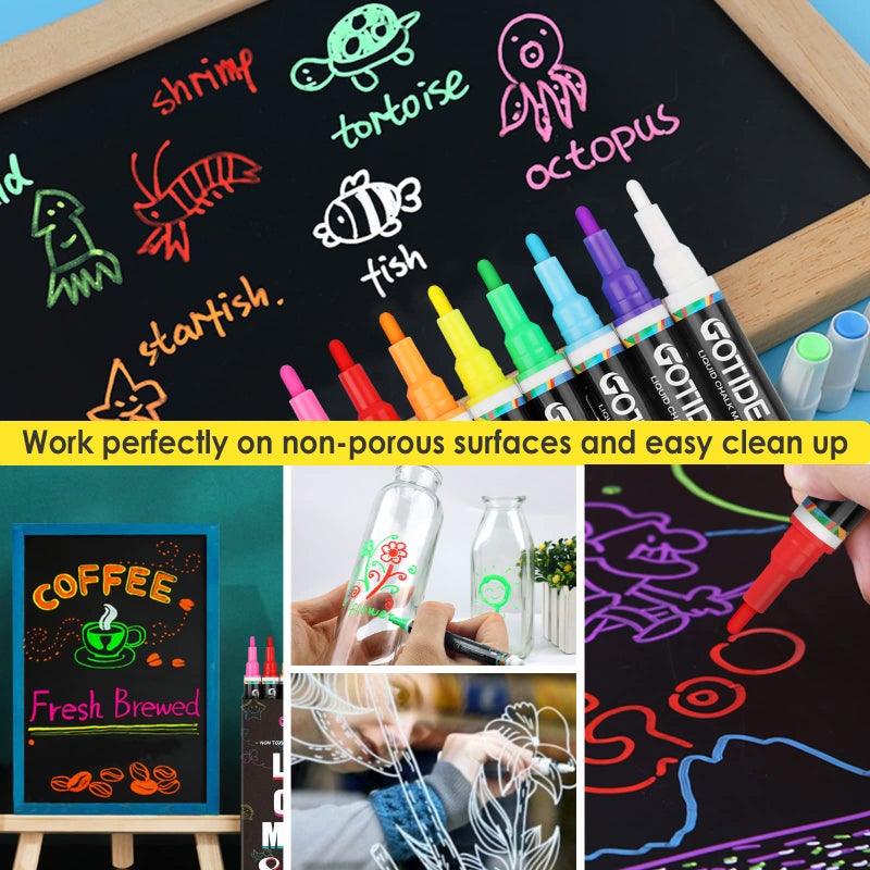 GOTIDEAL Liquid Chalk Markers, Fine Tip 8 Colors Washable Window Chalkboard Glass Pens, Paint and Drawing for Car, Blackboard, & Bistro,Kids and Adults, Non-Toxic,Wet Erase - Reversible Tip - Image 4