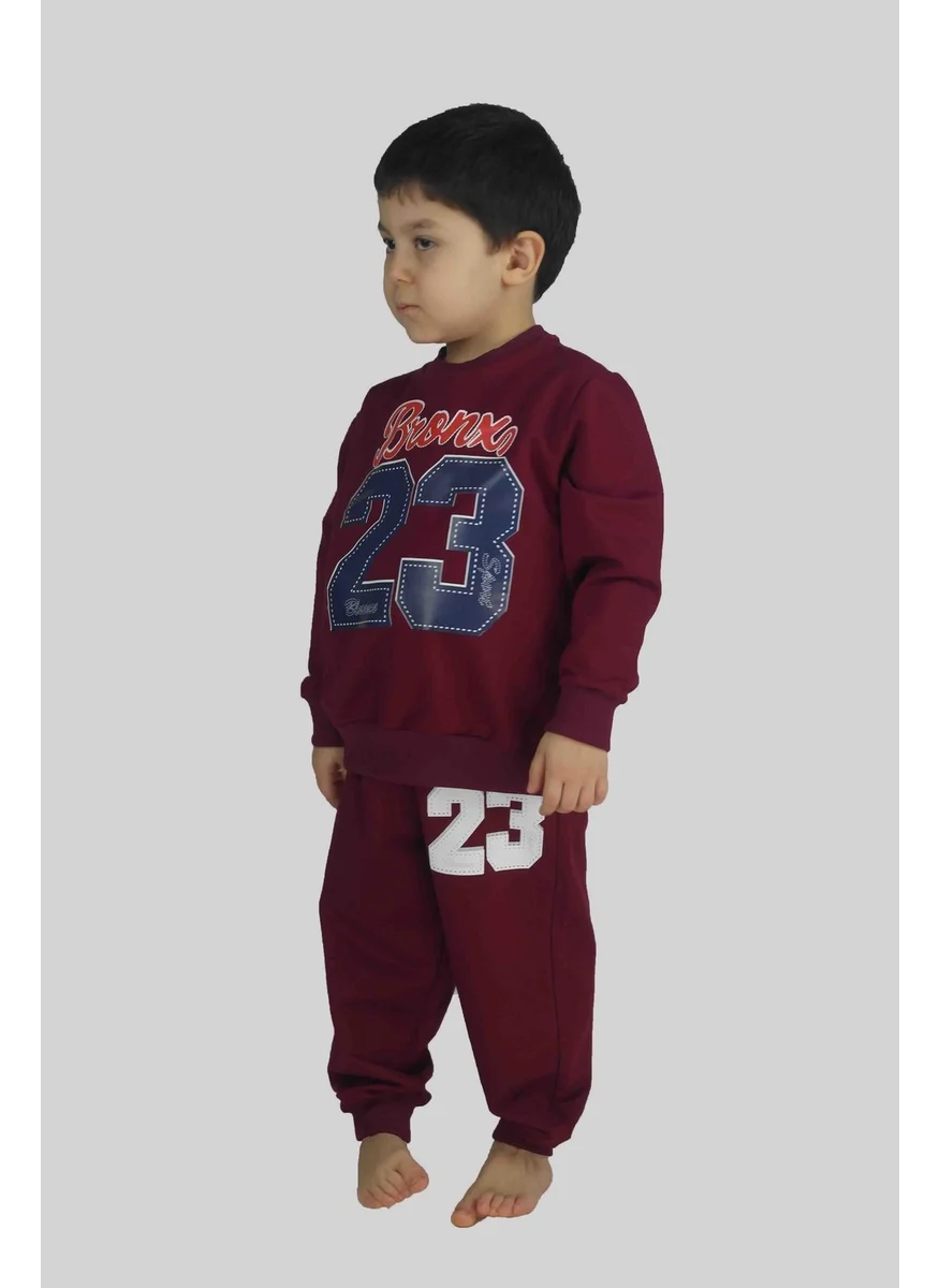 Bluence Boy's Printed Claret Red Cotton Tracksuit Set