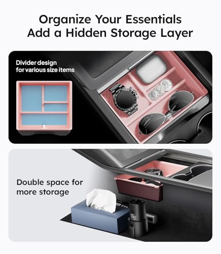 Wigoo Center Console Organizer for Tesla Model Y Juniper (Only Premium & Performance 2025 2026) and All Model 3 Highland Accessories [Double-Layer Storage, Smooth Sliding] 4PCS Pink - Image 4