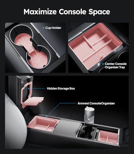 Wigoo Center Console Organizer for Tesla Model Y Juniper (Only Premium & Performance 2025 2026) and All Model 3 Highland Accessories [Double-Layer Storage, Smooth Sliding] 4PCS Pink - Image 3