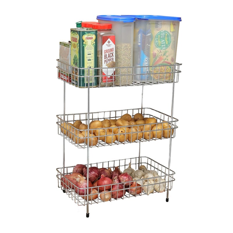 FORTUNE Stainless Steel 3Layer Kitchen Basket Rack Multipurpose Fruit and Vegetable Storage Basket Kitchen Utensils Organizer Trolley Kitchen Stand with Four Legs - Image 1