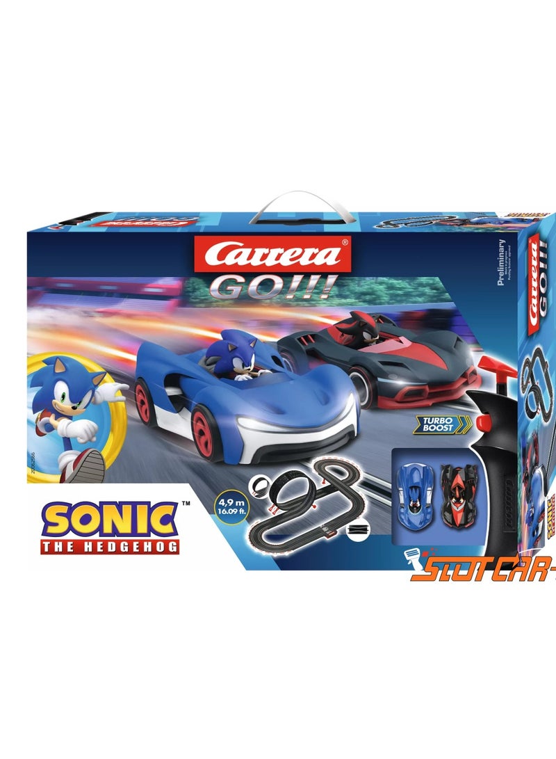 Carrera GO!!! Sonic the Hedgehog Slot Car Race Track Set – Model 20062566 | 1:43 Scale Electric Racing Game with 4.9m Track, Loop, Bottleneck & Turbo Control | Sonic vs Shadow 2 Player Race Set for Kids & Adults - Image 1