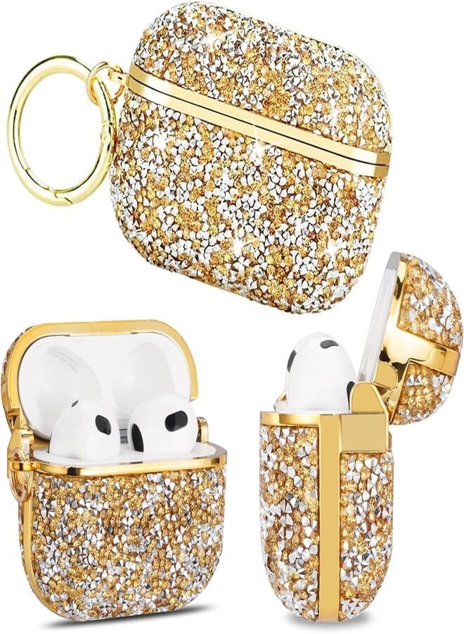 Next Next store Compatible with AirPods Pro Case Cute Diamond Glitter Bling Rhinestone Cover for Girls with Portable Keychain (for Airpods Pro), PC (Gold)
