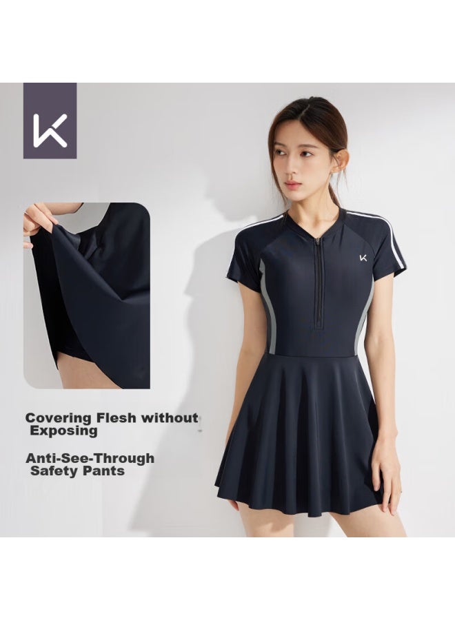 Keep One-piece Swimsuit Dress For Women, Tummy Control, Slimming, Plus Size, Hot Spring, Chlorine-resistant, Quick-drying Swimwear, Gray-black, XL - Image 3