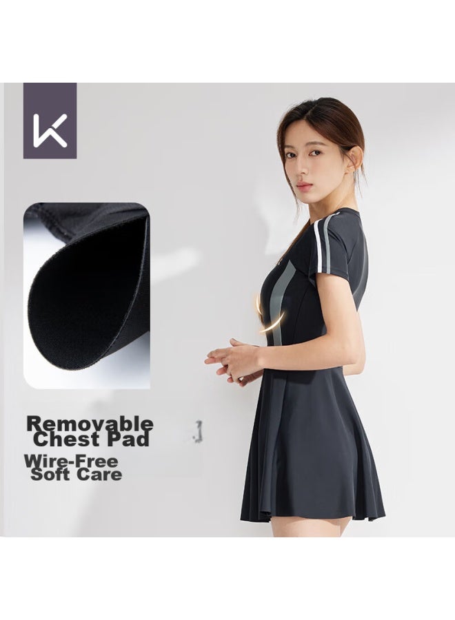 Keep One-piece Swimsuit Dress For Women, Tummy Control, Slimming, Plus Size, Hot Spring, Chlorine-resistant, Quick-drying Swimwear, Gray-black, XL - Image 2