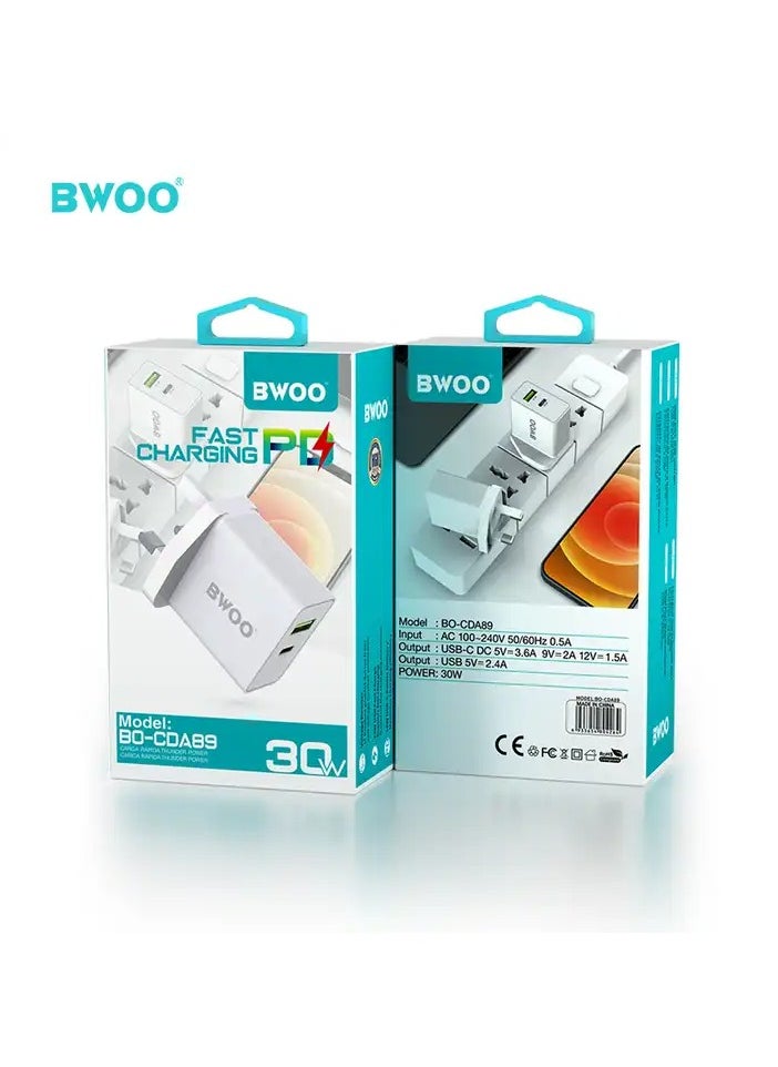 BWOO BWOO 30W PD USB Type-C Charger for iPad with PC+ABS Material, UK Plug – Portable Cell Phone Wall Charger  - Image 4