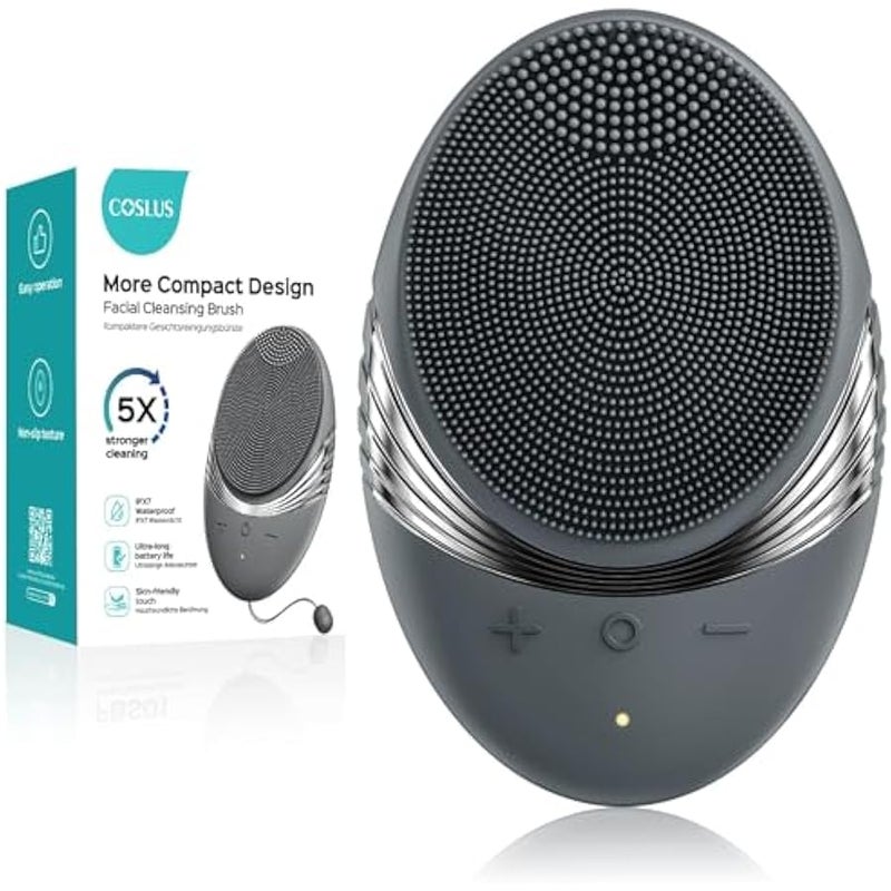 COSLUS Silicone Face Scrubber for Men: 5 Cleansing Modes Facial Cleansing Brush for Beard Care, Sensitive Skin - Deep Cleansing​ & Gentle Exfoliating, Waterproof Portable for Shower & Travel, Grey - Image 1