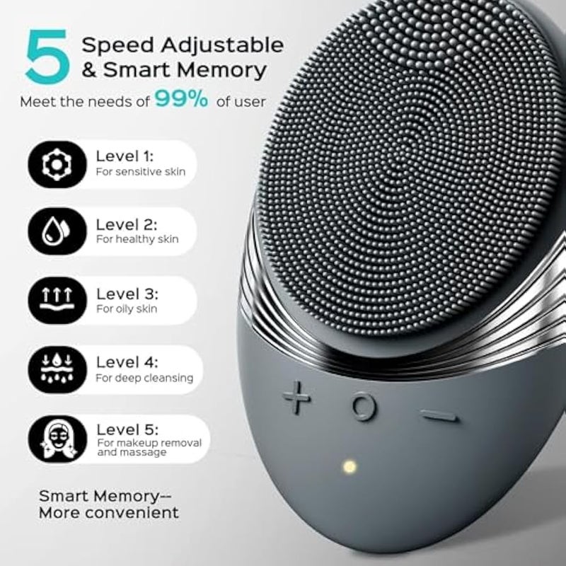 COSLUS Silicone Face Scrubber for Men: 5 Cleansing Modes Facial Cleansing Brush for Beard Care, Sensitive Skin - Deep Cleansing​ & Gentle Exfoliating, Waterproof Portable for Shower & Travel, Grey - Image 3