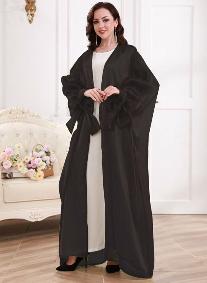 Loquat Women's Solid Color Puff Sleeve Abaya Elegant Long Cardigan Black 