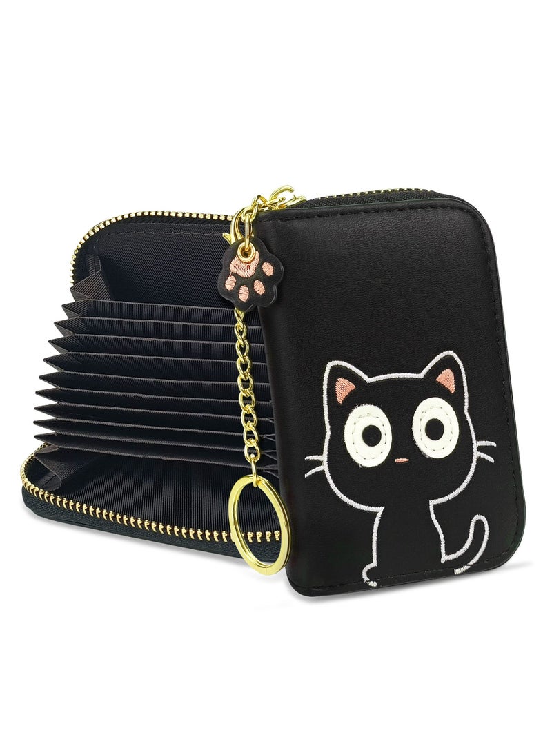 KASTWAVE Cute Credit Card Holder for Women, Small Leather Zipper RFID Blocking Card Holder Wallet with Removable Keychain (Black cat) - Image 1