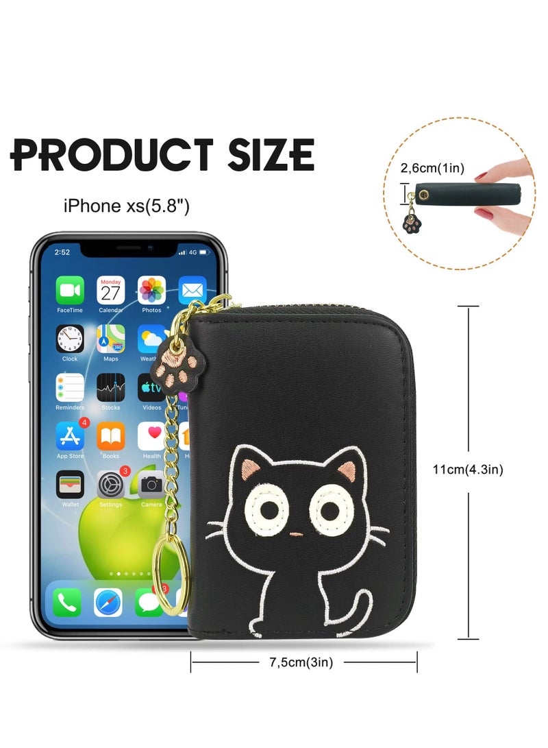KASTWAVE Cute Credit Card Holder for Women, Small Leather Zipper RFID Blocking Card Holder Wallet with Removable Keychain (Black cat) - Image 4