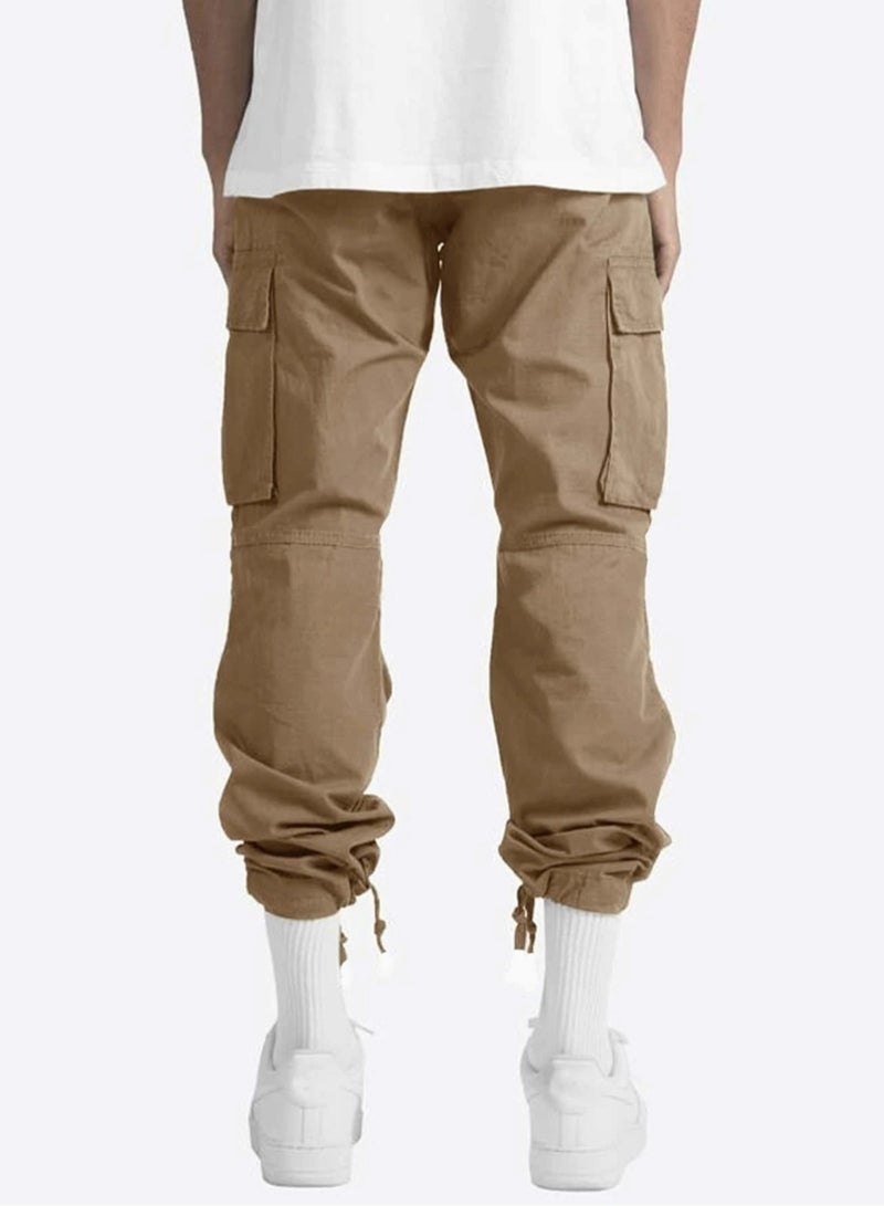 Huitich Men’s Casual Multi-Pocket Workwear Trousers Khaki, Size L  - Image 2