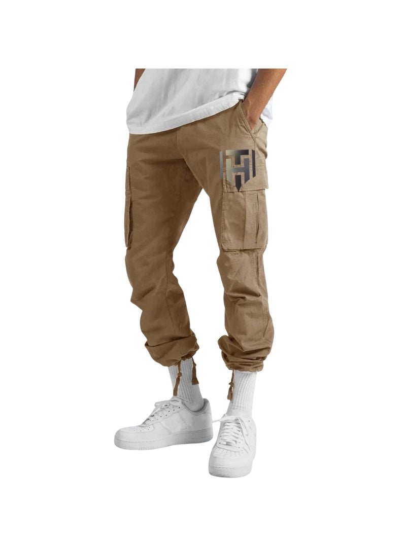 Huitich Men’s Casual Multi-Pocket Workwear Trousers Khaki, Size L  - Image 1
