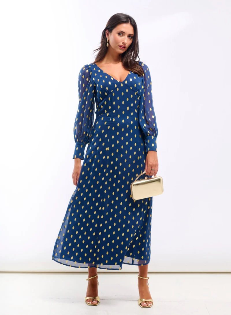 Dark Blue Long Sleeve Midaxi Dress