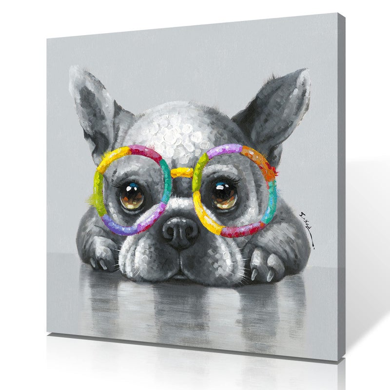 B BLINGBLING Dog Picture Canvas Wall Art: Black & White French Bulldog Wearing Colorful Sunglasses Funny Dog Artwork Animal Poster Kids Room Nursery Bedroom Wall Decor Framed & Ready to Hang 30x30cm