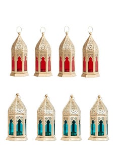 Blue Well Overseas BWO Beautiful Home Decor Moroccan Hanging Lantern Laltern Lamp with Tealight Candle Holder Set of 8 Combo Gold Red Blue 