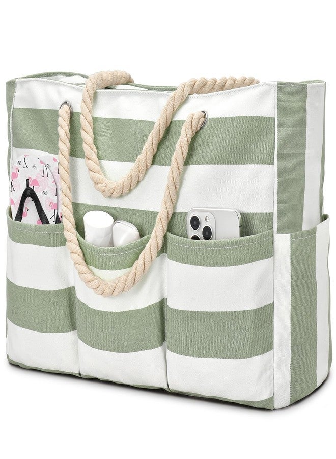 Becokan Beach Bags for Women Canvas Large Beach Tote Bag Zipper Waterproof Sandproof Foldable Swim Pool Bag with 7 Pockets, Light Green, Large - Image 1