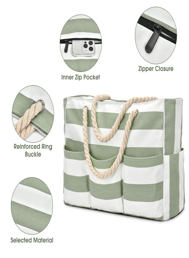 Becokan Beach Bags for Women Canvas Large Beach Tote Bag Zipper Waterproof Sandproof Foldable Swim Pool Bag with 7 Pockets, Light Green, Large - Image 4