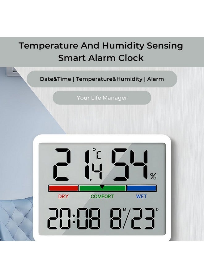 DeWire 3-in-1 Digital Hygrometer Thermometer Alarm Clock - Smart Room Monitor with Comfort Indicator, Date & Time Display, Multiple Mounting Options for Home, Office, kids Room - White - Image 2