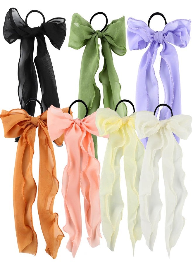 HLTOO 7PCS Chiffon Ribbon Bow Hair Ties, Elastics Hair Scarf Scrunchies, Long Ponytail Holder, Colourful Hair Bands, for Women and Girls, 7 Colors - Image 1
